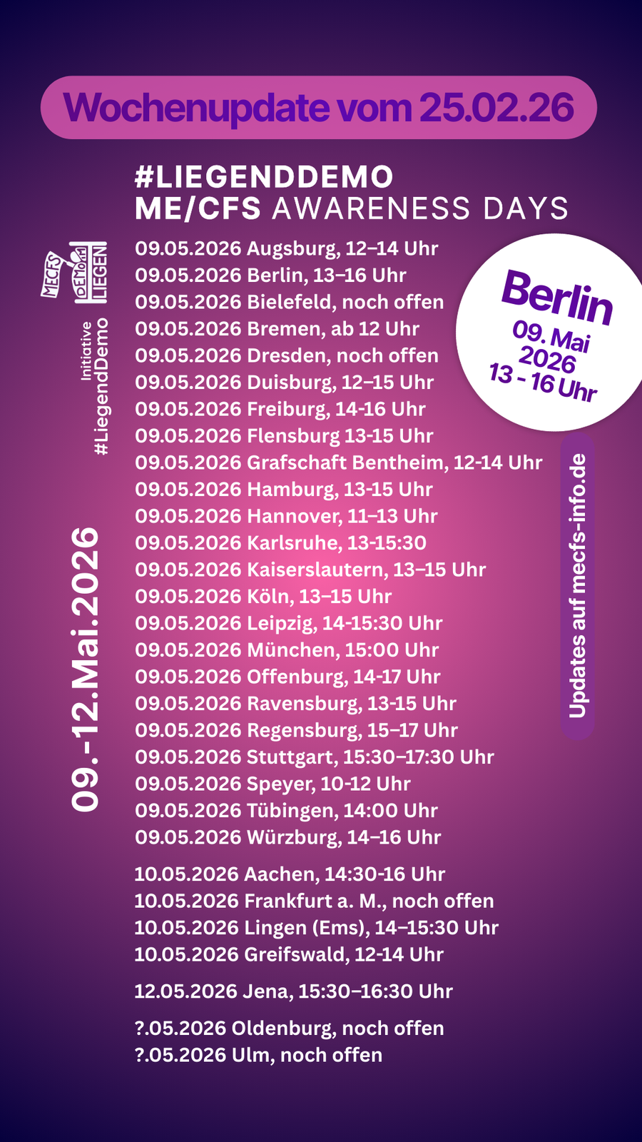 Eine Kachel mit den Orten und Zeiten der bundesweiten Liegenddemos anlässlich der ME/CFS Awareness Days